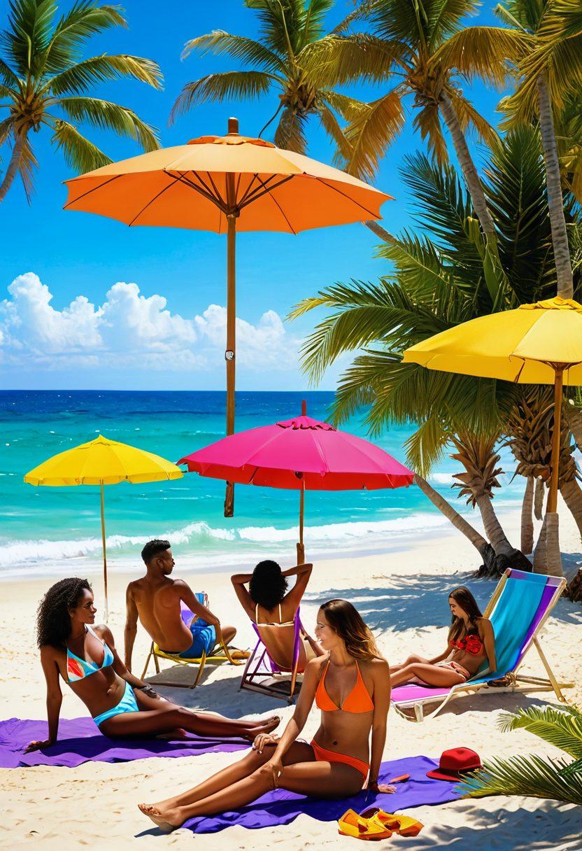 A vibrant beach scene showcasing diverse models wearing the latest bikini styles, lounging under colorful umbrellas and sunbathing on soft sand. Include playful waves crashing on the shore and palm trees swaying gently in the background. The overall atmosphere should evoke fun, flirtation, and summer vibes. Bright colors and high energy should dominate the image. super-realistic. vibrant colors. sunny beach setting.